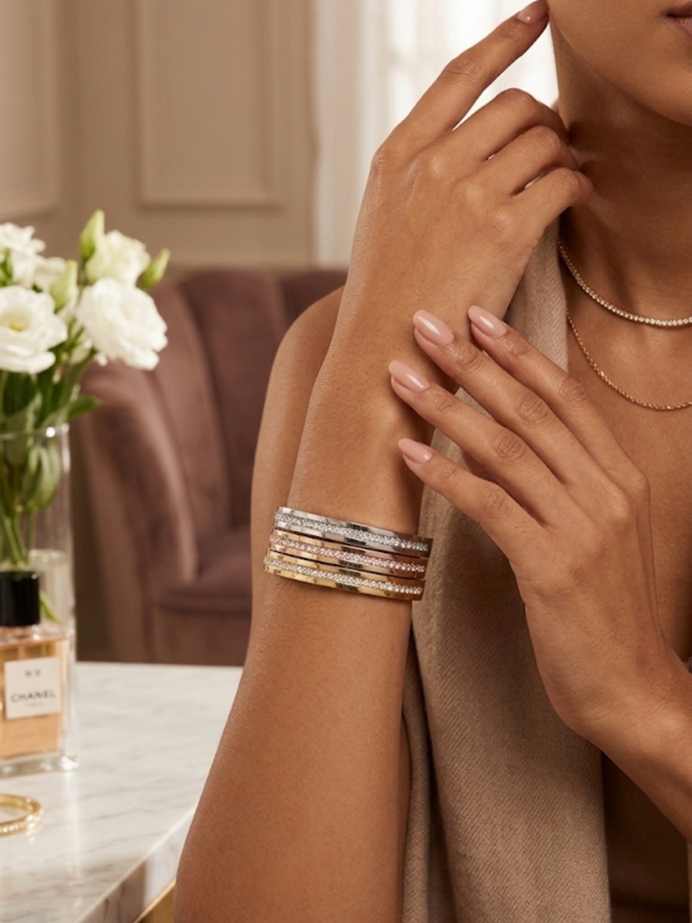 Guess Tri-Tone Crystal Pavé Bangle Stack - Silver, Gold & Rose Gold